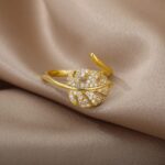 18K Gold-Plated Full Diamond Luxury Non-Fading Open Ring for Women Zircon Leaf Ring Price in Bangladesh | resellKori