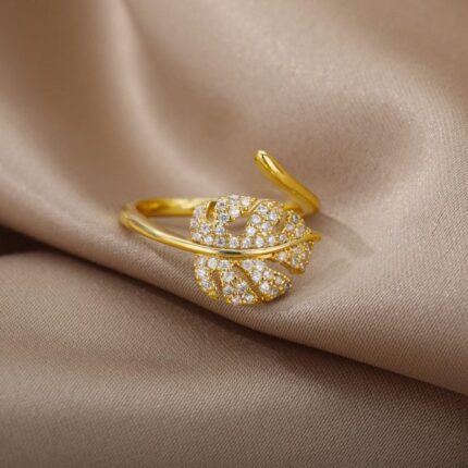 18K Gold-Plated Full Diamond Luxury Non-Fading Open Ring for Women Zircon Leaf Ring Price in Bangladesh | resellKori