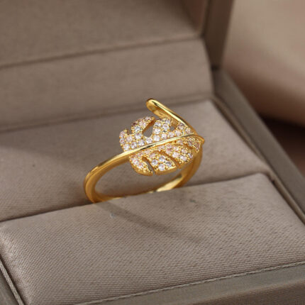 18K Gold-Plated Full Diamond Luxury Non-Fading Open Ring for Women Zircon Leaf Ring Price in Bangladesh | resellKori