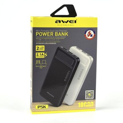 AWEI P5K Portable Power Bank 10000mAh Power bank Dual USB A Type c Micro Dual input Fast Charge Travel Power bank Price in Bangladesh | resellKori